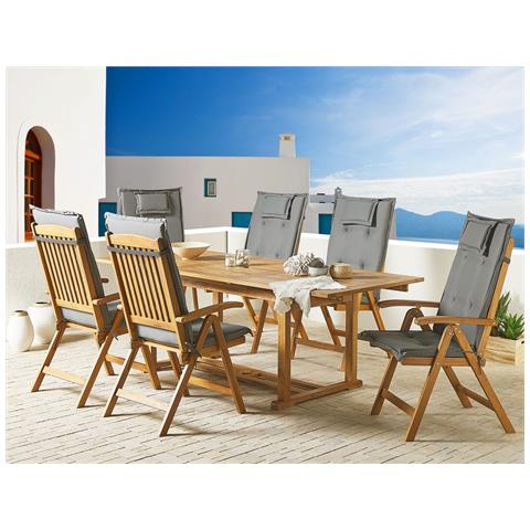 Set Da Pranzo 6 Posti Legno Di Acacia E Cuscini Grigio Java - Foto 1
