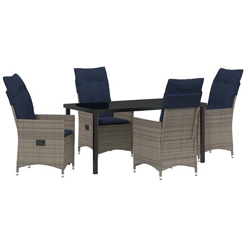 Set da Pranzo da Giardino  da 5 Pezzi con Cuscini Grigio Polyrattan, Tavolo da Giardino  Nero 160x80x73 cm Vetro Temperato - Foto 1