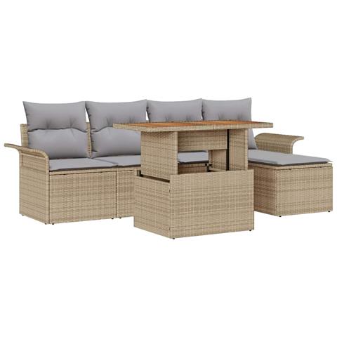 Set da Pranzo Giardino 6 Pezzi con Cuscini Beige Rattan Polietilene Acacia - Foto 1