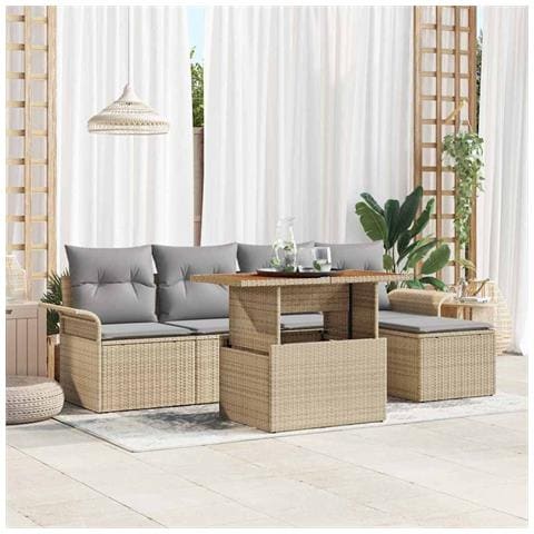 Set da Pranzo Giardino 6 Pezzi con Cuscini Beige Rattan Polietilene Acacia - Foto 2