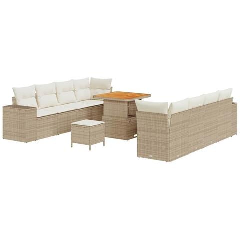 Set di divani da giardino 11 pezzi con cuscini Beige Polirattan Acacia,  Set da pranzo da giardino 3 pezzi con cuscini Beige Polirattan Acacia - Foto 1