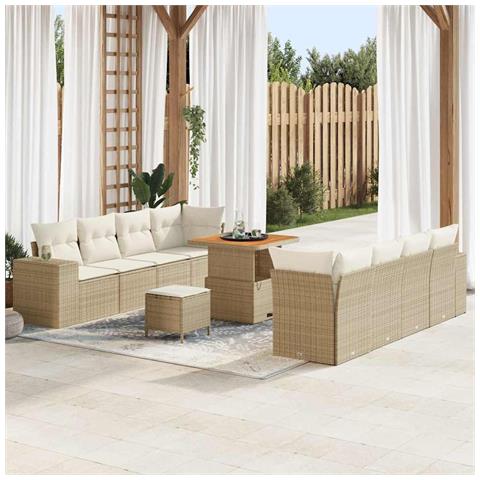 Set di divani da giardino 11 pezzi con cuscini Beige Polirattan Acacia,  Set da pranzo da giardino 3 pezzi con cuscini Beige Polirattan Acacia - Foto 2