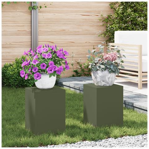 Supporti per Piante da Esterno Pilastro 2 pcs Verde Oliva 24x24x35 cm Acciaio - Foto 2