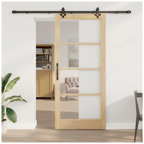 Porta Scorrevole  con Set di Ferramenta 93x211 cm Legno Massello di Pino, Porta Interna  con Vetro 'ORKDAL'93x211x4 cm Legno Massello di Pino - Foto 2