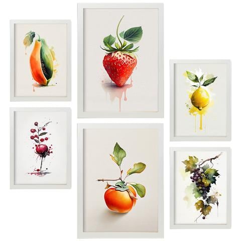 Set Di 6 Stampe Poster Di Frutta, Verdura E Cibi Sani Vivaci In Acquerello Su Bianco Puro A3 & A4 Cornice Bianca - Foto 1