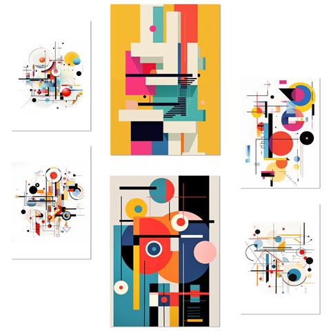 Set Di 6 Stampe Bauhaus Rosso Blu Giallo Con Illustrazioni Di Design Per Decorare Le Pareti Della Tua Casa, Ufficio, Negozio E Attività Commerciale A3 & A4 Senza Cornice - Foto 1