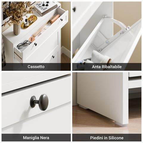 Scarpiera Salvaspazio Con 2 Ante A Ribalta E Cassetto, Design Compatto, In Colore Bianco - Foto 7