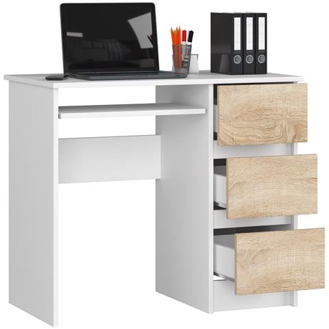 Scrivania per computer A6 destro, 3 cassetti, 90x50x77 cm, Colore Bianco e Sonoma Quercia - Foto 2