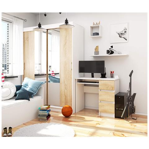 Scrivania per computer A6 destro, 3 cassetti, 90x50x77 cm, Colore Bianco e Sonoma Quercia - Foto 5