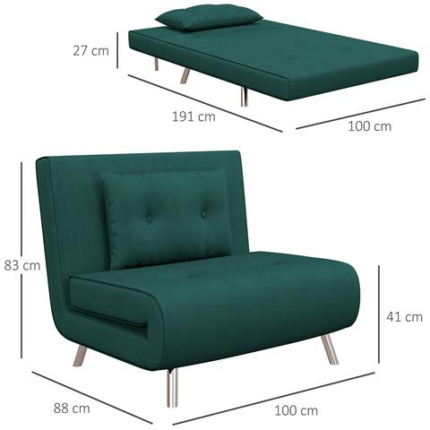 Poltrona Letto Singolo Con Schienale Reclinabile In Velluto, 100x88x83cm, Verde Scuro - Foto 2