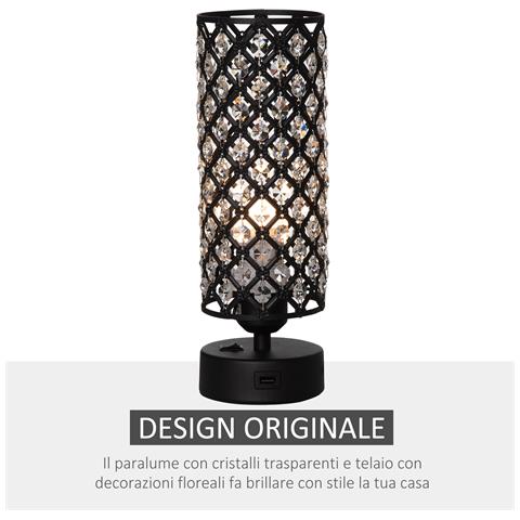 Lampada Da Tavolo Con Paralume In Cristallo E 2 Porte Usb, Luce Regolabile ?10.8x30cm, Nero - Foto 2