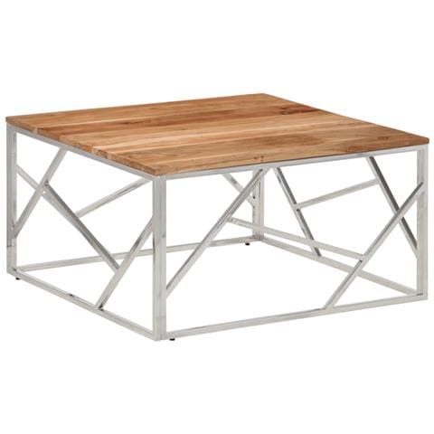 Tavolino Salotto Argento Acciaio Inox E Legno Massello Acacia - Foto 2