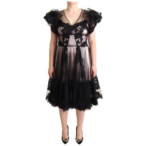 Abito Trasparente Midi A Trapezio In Pizzo Floreale Rosa Nero - It44-l - Foto 1