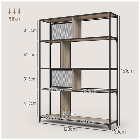 Scaffale Libreria Industriale a 5 Livelli con Porta Metallica, in Legno e Acciaio, 120x30x161 cm, Nero e Grigio - Foto 6