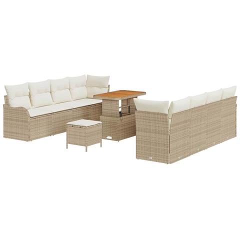 Set di divani da giardino 11 pezzi con cuscini beige polirattan acacia, Divano da giardino 2 posti con cuscini beige polirattan, Set da pranzo da giardino 3 pezzi con cuscini beige polirattan acacia - Foto 1