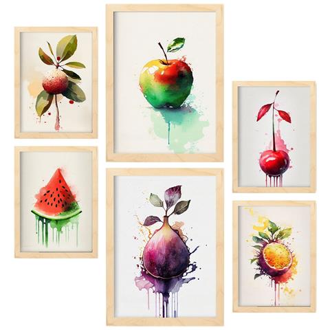 Set Di 6 Stampe Poster Di Frutta, Verdura E Cibi Sani Con Colori Ad Acquerello Su Bianco Puro A3 & A4 Telaio In Legno Chiaro - Foto 1