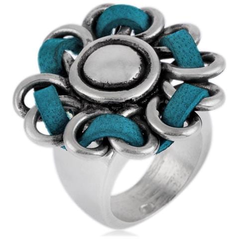 Anello In Argento 925 Placcato In Pelle Con Fiore Turchese Cucito - Foto 1