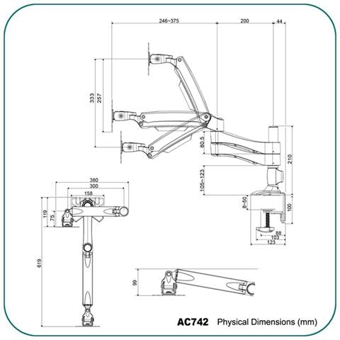 AC742, 75 x 75, 100 x 100 mm, Nero, Argento, Alluminio, Plastica, Acciaio, -90 - 90°, -20 - 90° - Foto 1