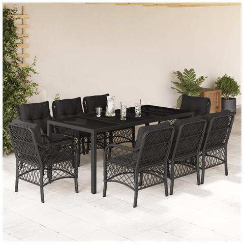 Set da Pranzo da Giardino 9 pz con Cuscini Nero in Polyrattan - Foto 7