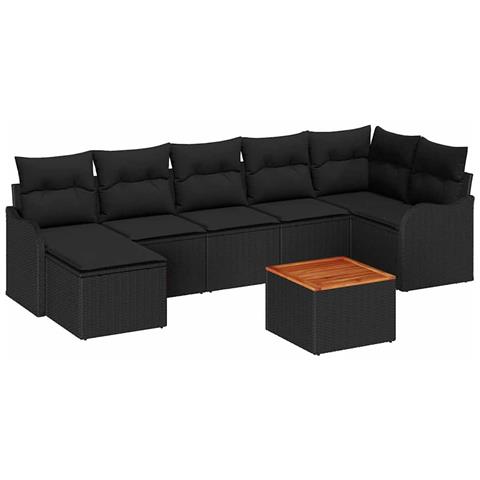Set di divani da giardino a 8 pezzi  con cuscini in rattan nero e acacia, Divano da giardino a 2 posti  con cuscini in rattan nero - Foto 1