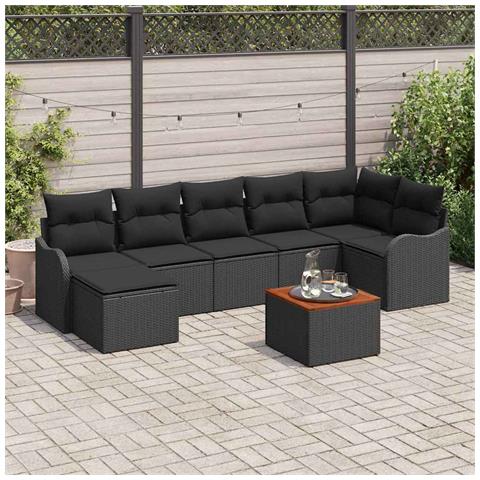 Set di divani da giardino a 8 pezzi  con cuscini in rattan nero e acacia, Divano da giardino a 2 posti  con cuscini in rattan nero - Foto 2