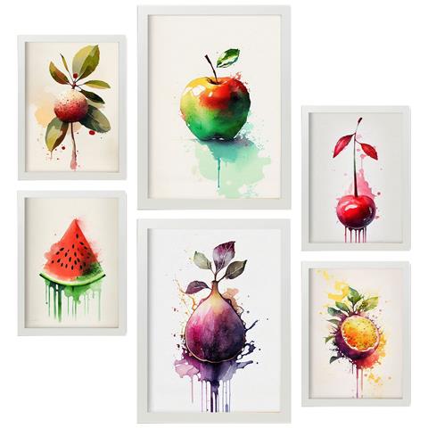 Set Di 6 Stampe Poster Di Frutta, Verdura E Cibi Sani Con Colori Ad Acquerello Su Bianco Puro A3 & A4 Cornice Bianca - Foto 1