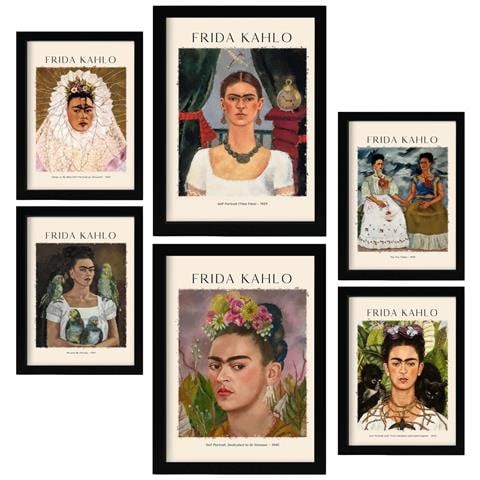 Set Di 6 Stampe Galleria Di Dipinti Di Frida Kahlo Dipinti Decorativi Per Il Tuo Soggiorno, Camera Da Letto, Stampe Artistiche Da Parete Per La Casa A3 & A4 Cornice Nera - Foto 1