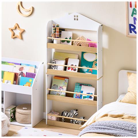 Libreria Montessori Per Bambini A 4 Ripiani Portagiochi In Bianco E Naturale - Foto 7