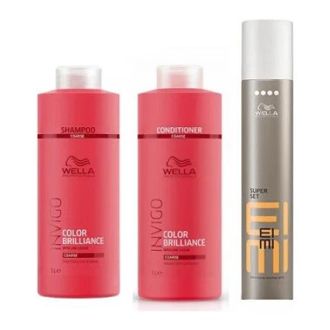Set Wella Invigo Color Brilliance Coarse: Shampoo 1000 Ml + Balsamo 1000 Ml + Wella Eimi Super Set Lacca 500 Ml - Foto 1
