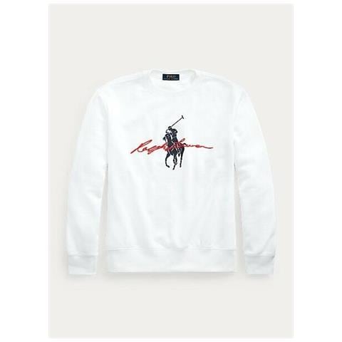 Ralph Lauren Felpa Uomo Bianca Girocollo Logo Stampato Big Pony Con Scritta Polo Ralph Lauren Polsini E Fondo A Coste Bianco Tg M - Foto 1