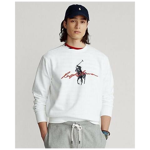 Ralph Lauren Felpa Uomo Bianca Girocollo Logo Stampato Big Pony Con Scritta Polo Ralph Lauren Polsini E Fondo A Coste Bianco Tg M - Foto 3