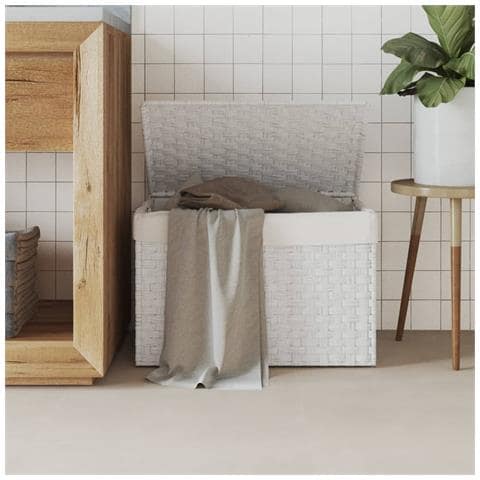 Cesto Portabiancheria Coperchio Bianco 55,5x35x34 Cm Polyrattan - Foto 1