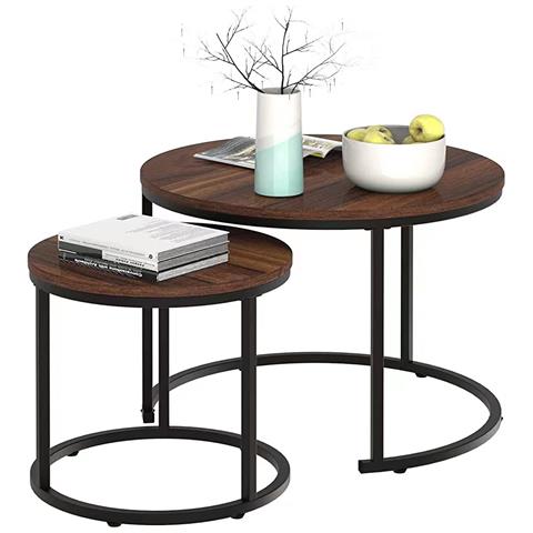 Set 2 Tavolini A Incastro Salvaspazio Noce Struttura In Metallo Nero E Piano Mdf - Foto 2