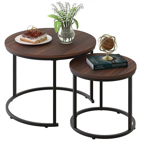 Set 2 Tavolini A Incastro Salvaspazio Noce Struttura In Metallo Nero E Piano Mdf - Foto 1