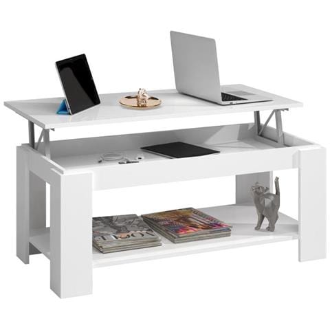 Tavolino Soggiorno Con Rialzo Contenitore Tavolo Salotto Moderno Apribile Bianco - Foto 1
