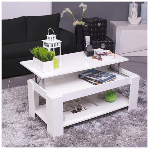 Tavolino Soggiorno Con Rialzo Contenitore Tavolo Salotto Moderno Apribile Bianco - Foto 5