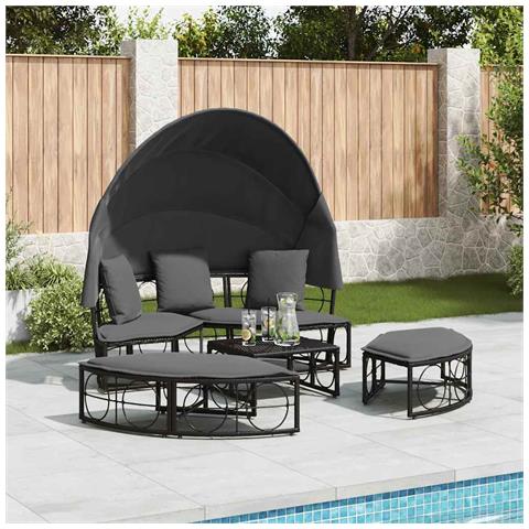 Lettino Prendisole Esterno Tetto E Cuscini Nero In Polyrattan - Foto 3