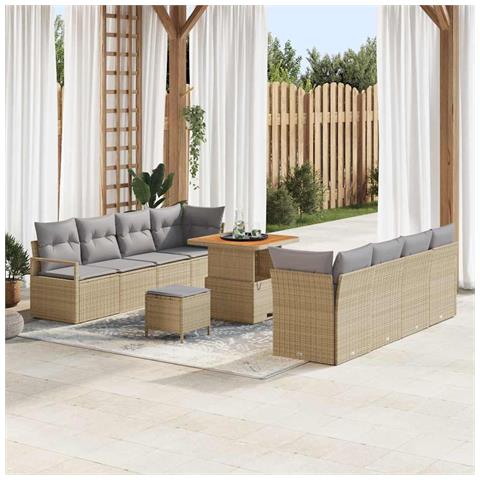 Set di Divani da Giardino 11 Pezzi con Cuscini Beige Polyrattan Acacia, Divano da Giardino 2 Posti con Cuscini Beige Polyrattan, Set da Pranzo Giardino 3 Pezzi con Cuscini Beige Polyrattan Acacia - Foto 2
