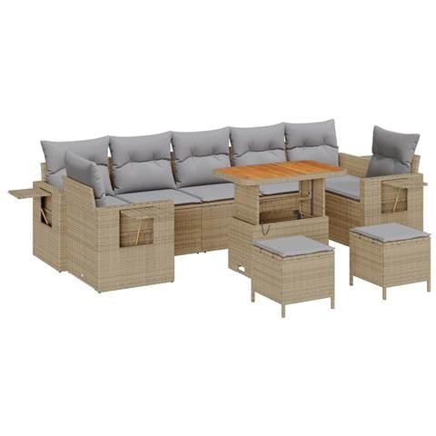 Set Divano da Giardino 10 Pezzi con Cuscini Beige Rattan Poliossidico Acacia,  Set da Pranzo da Giardino 3 Pezzi con Cuscini Beige Rattan Poliossidico Acacia - Foto 1