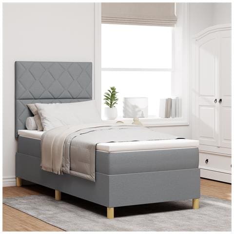 Letto con rete a molle e materasso grigio chiaro 100x200 cm tessuto - Foto 2