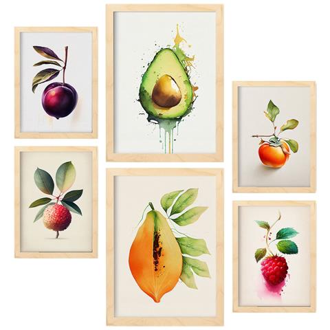 Set Di 6 Stampe Poster Di Frutta Rinfrescante, Verdura E Cibo Sano In Acquerello Su Bianco Puro A3 & A4 Telaio In Legno Chiaro - Foto 1