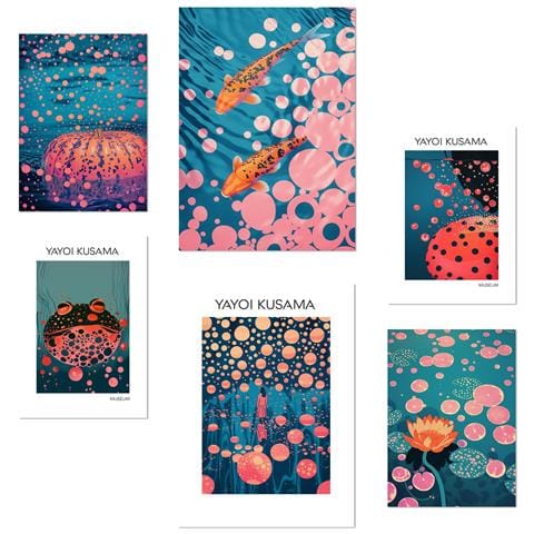 Set Di 6 Stampe Pesce Zucca Giapponese Di Yayoi Kusama Con Illustrazioni Di Design Per Le Pareti Della Tua Casa, Stanze, Negozio E Attività Commerciale A3 & A4 Senza Cornice - Foto 1