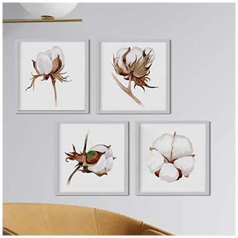 Set Di 4 Stampe Quadrate Rappresentazione Pianta Cotone Di Piante E Fiori Raffigurazioni Della Natura Senza Cornice 30x30 Cm - Foto 1