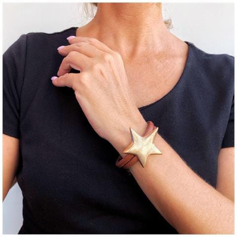 Bracciale In Pelle Dorata Con Doppia Stella Dorata - Foto 3