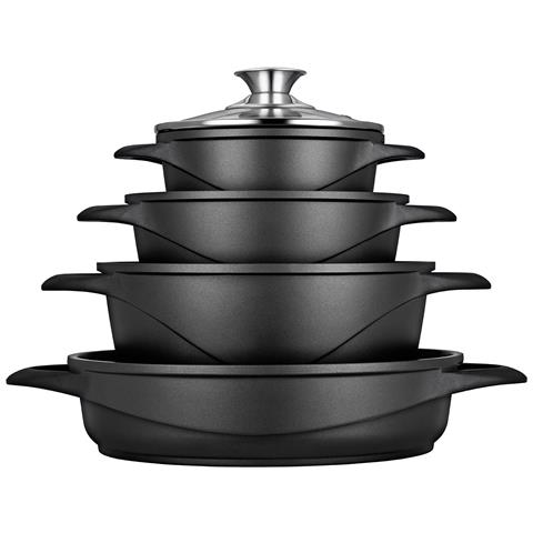 BRIEBE Mgk-17 Batteria Da Cucina Induzione Set Pentole 8 Pezzi Alluminio Fuso Coperchi Vetro Nero BRIEBE Mgk-17 Batteria Da Cucina Induzione Set Pentole 8 Pezzi Alluminio Fuso Coperchi Vetro Nero