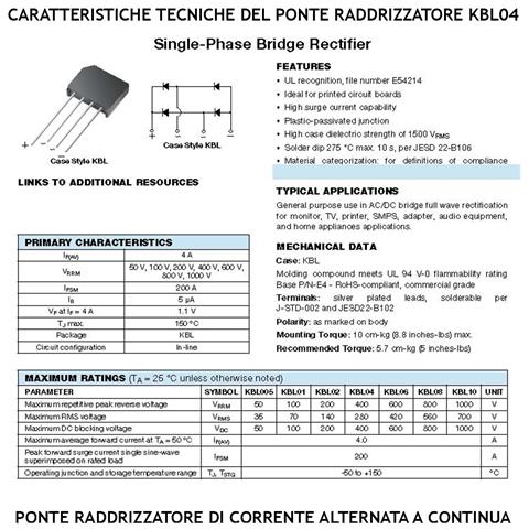 Raddrizzatore Monofase Serie Kbl04 Ponte Diodi Contenitore Ermetico 4 Reofori Montaggio Su Circuito Stampato Tramite F - Foto 2