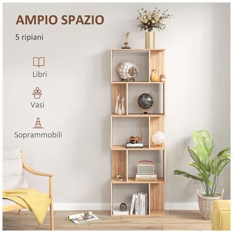Mobile Libreria in Legno a 5 Ripiani con Divisorio, 60x24x184.5 cm, Color Legno - Foto 6