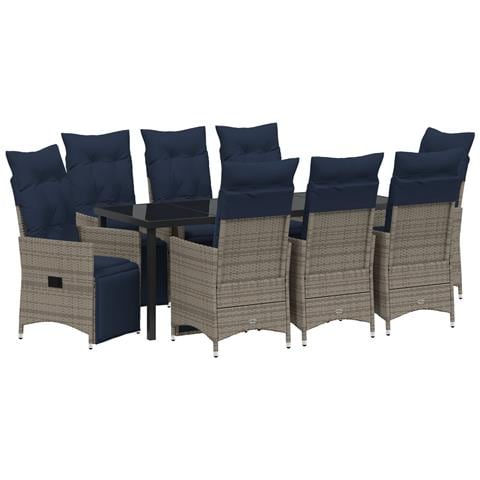 Set da pranzo da giardino da 9 pezzi con cuscini grigio polyrattan, Tavolo da giardino nero 200x80x73 cm vetro temperato - Foto 1