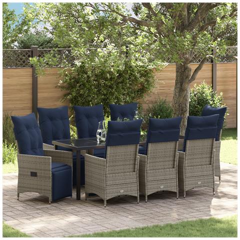 Set da pranzo da giardino da 9 pezzi con cuscini grigio polyrattan, Tavolo da giardino nero 200x80x73 cm vetro temperato - Foto 2