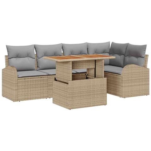 Set da pranzo giardino 6 pezzi con cuscini Polyrattan beige Acacia - Foto 1